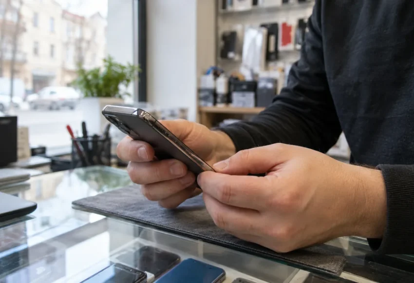 Oględziny używanego smartfona przy ladzie