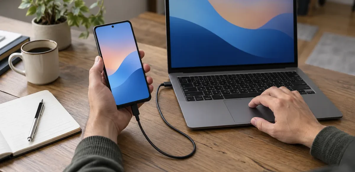 Smartfon podłączony do laptopa