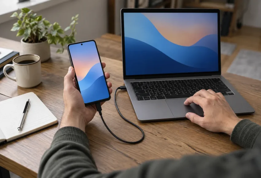 Smartfon podłączony do laptopa