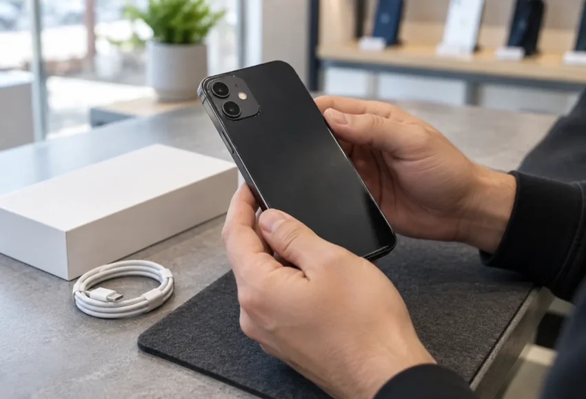 Smartfon z pudełkiem i przewodem